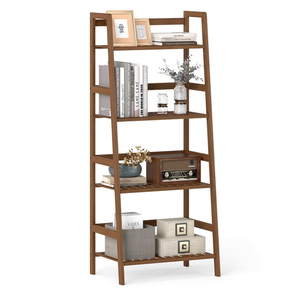 Gymax 4-Tier Bamboo Ladder Shelf Plant Display Stand Rack Bookshelf Natural