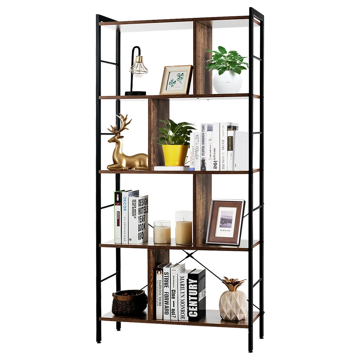 Gymax 4 Tier Bookcase, Brown/Black