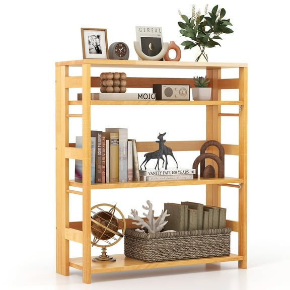 Gymax 4-Tier Bookshelf Floor Storage Shelf w/ Rubber Wood Frame Anti-Toppling Kits