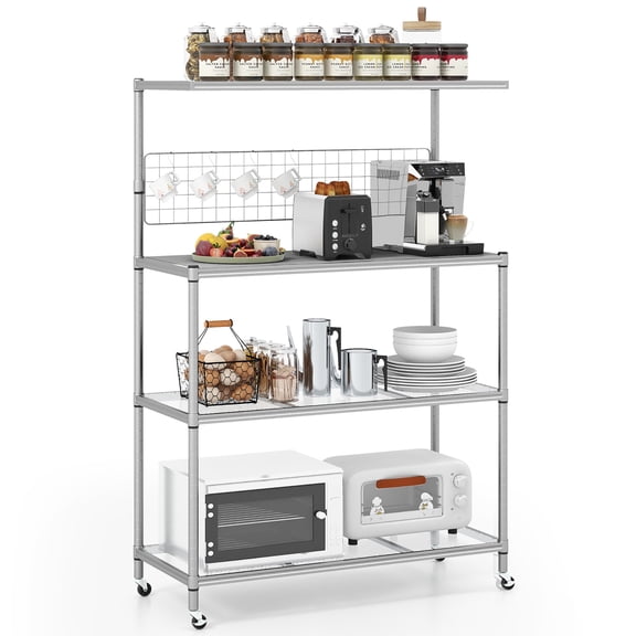 Gymax 4-Tier Coffee Bar Table w/Adjustable Shelves S Hooks Hanging Net & Shelf Liner