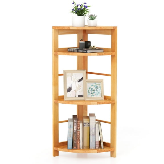 Gymax 4-Tier Corner Shelf w/ Rubber Wood Frame Anti-Toppling Kit Home Office Natural