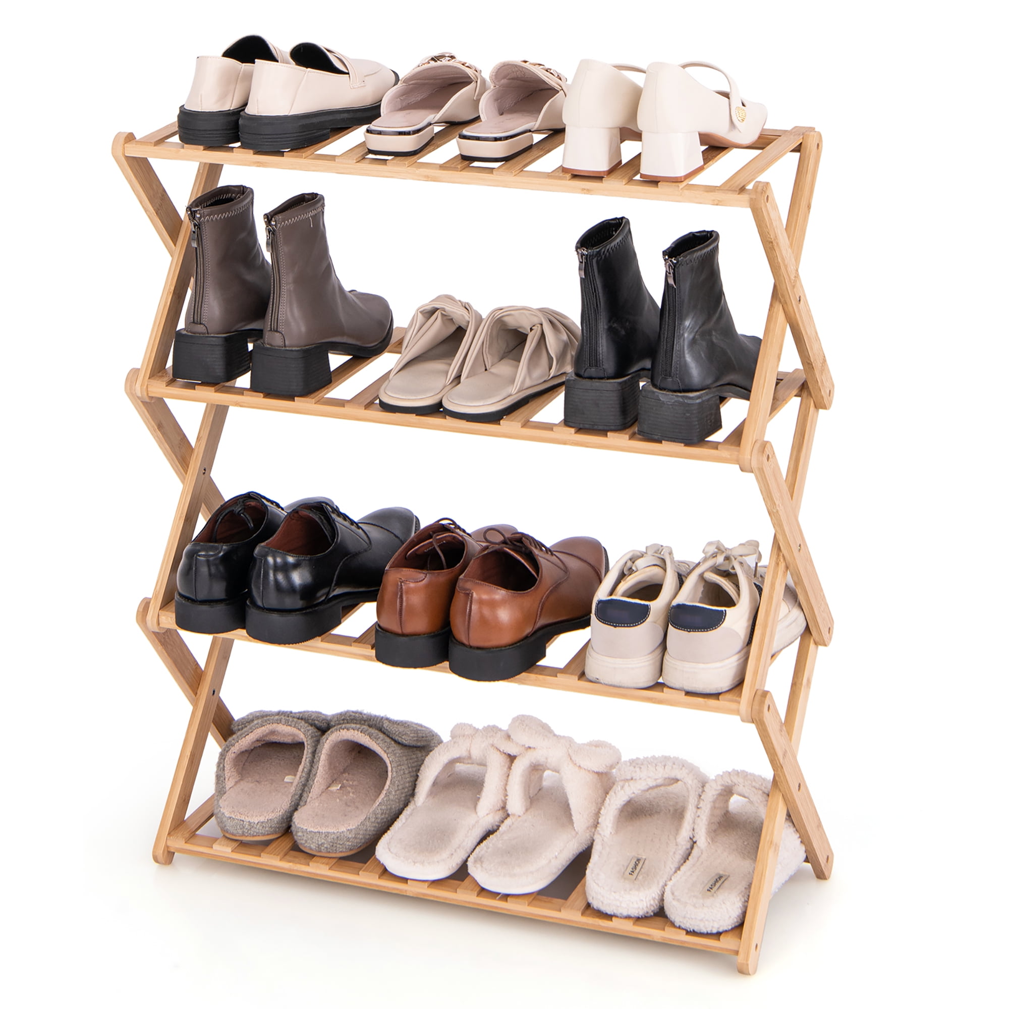 Gymax 4-Tier Foldable Bamboo Shoe Rack Multi-Functional