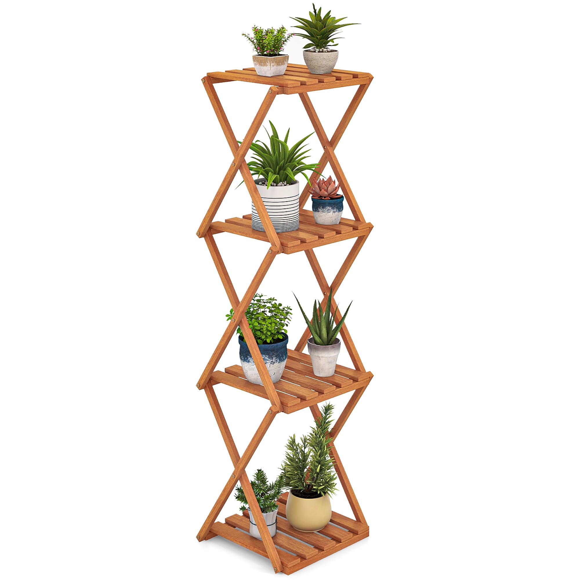 Natural Teak 4-Tier Folding Wooden Plant Stand