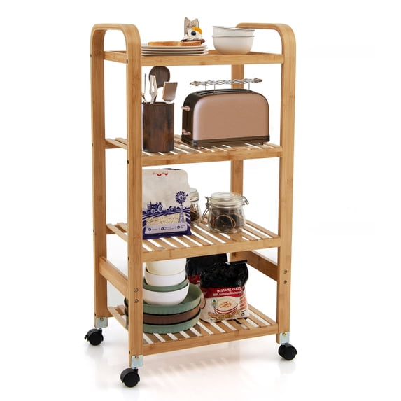 Gymax 4-Tier Kitchen Serving Trolley Cart Mobile Bamboo Storage Shelf Lockable Casters