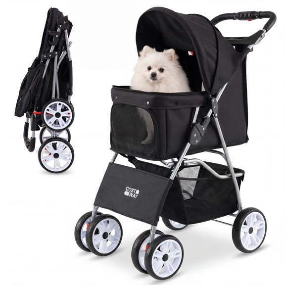 Gymax 4-Wheel Pet Stroller for Dogs Cats up to 33 LBS Foldable w/ Breathable Mesh Black