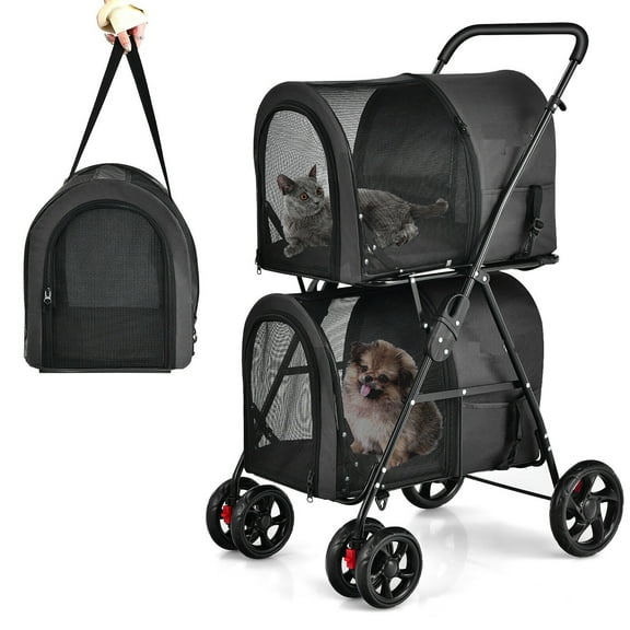 Gymax 4-in-1 Double Pet Stroller w/ Detachable Carrier Travel Carriage for Cats Black