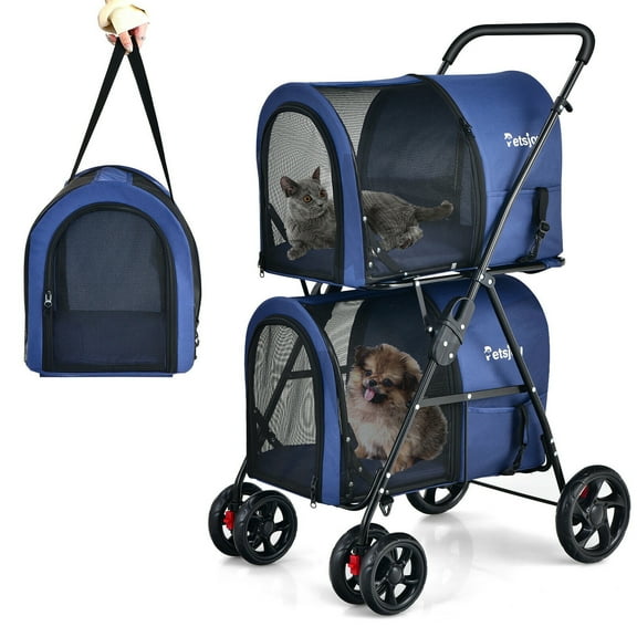 Gymax 4-in-1 Double Pet Stroller w/ Detachable Carrier Travel Carriage for Cats Blue