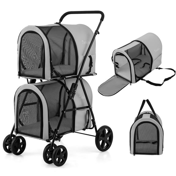 Gymax 4-in-1 Double Pet Stroller w/ Detachable Carrier Travel Carriage for Cats Grey