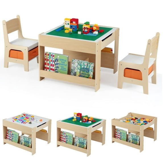 Gymax 4 in 1 Kids Table & Chair Set w/Reversible Graffiti & Building Blocks Tabletop White & Natural