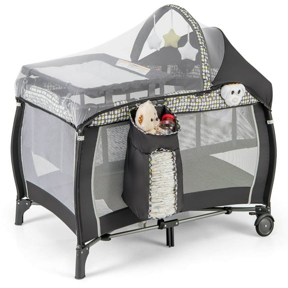 Gymax 4-in-1 Portable Baby Playard Nursery Center Bassinet w/ Music Box Canopy & Net