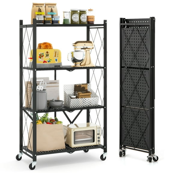 Gymax 4-tier Foldable Storage Shelving Unit w/4 Universal Wheels for Kitchen Study