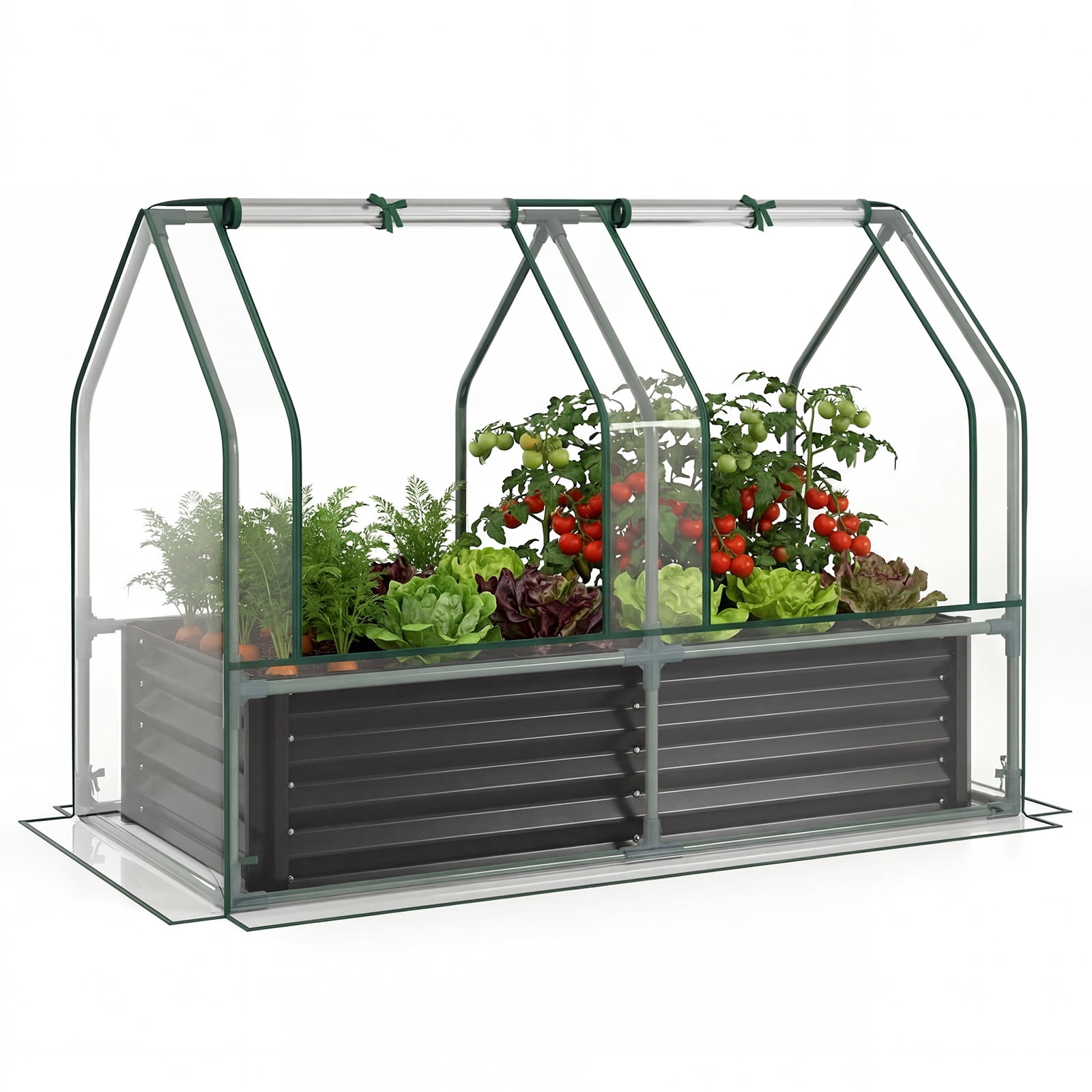 Gymax 4 x 2 x 3 FT Small Galvanized Raised Garden Bed w/Greenhouse Cover Windows Black & Transparent