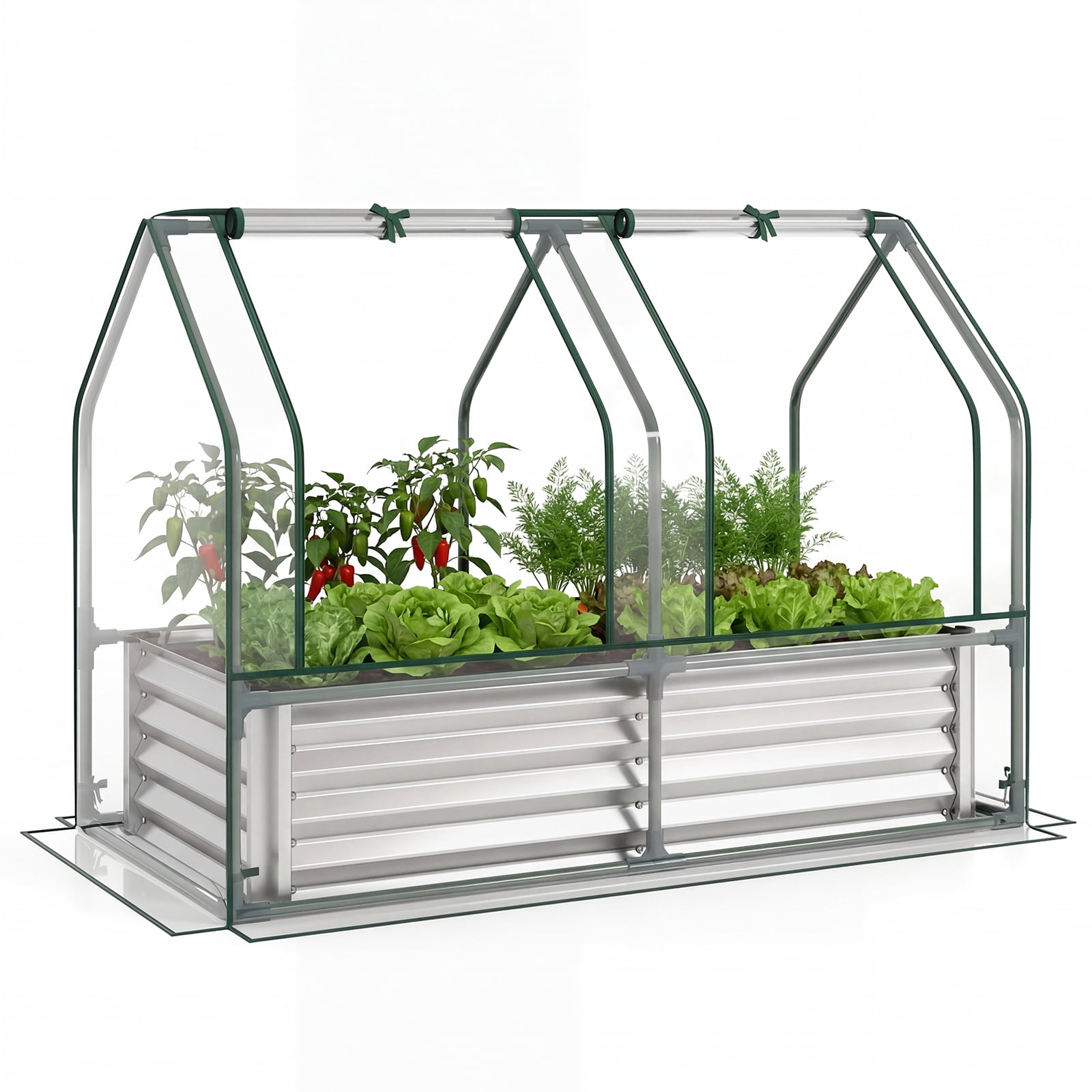 Gymax 4 x 2 x 3 FT Small Galvanized Raised Garden Bed w/Greenhouse Cover Windows Sliver & Transparent