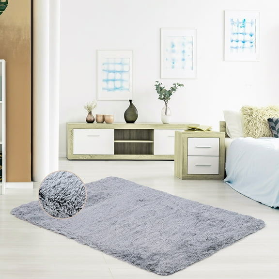 Gymax 4 x 6 FT Faux Fur Soft Shag Area Rug Fluffy Throw Carpet Non-slip Home Light Grey