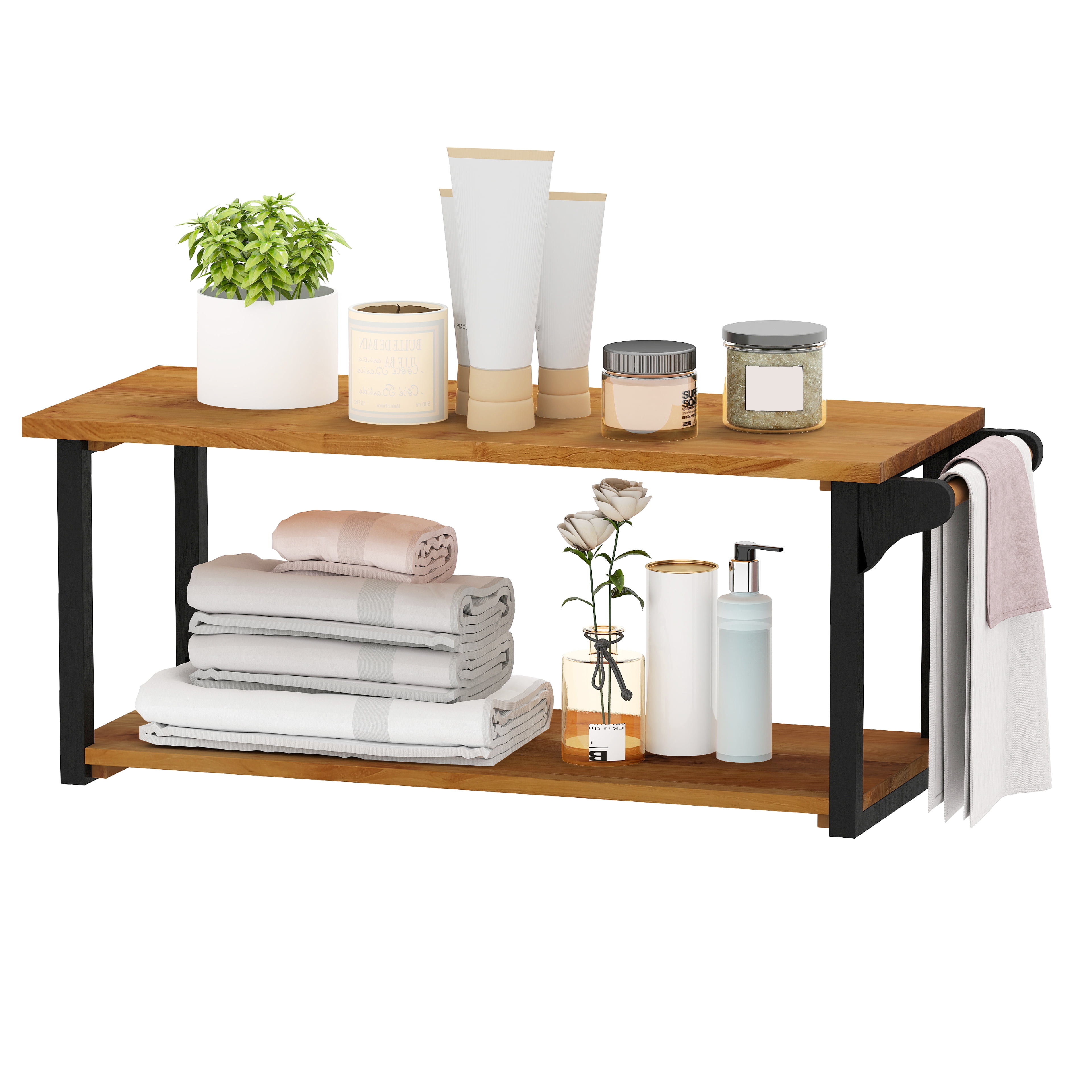 Gymax 40.5'' Long 2-Tier Storage Rack w/ Towel Bar Wall Mounted Floating Shelves