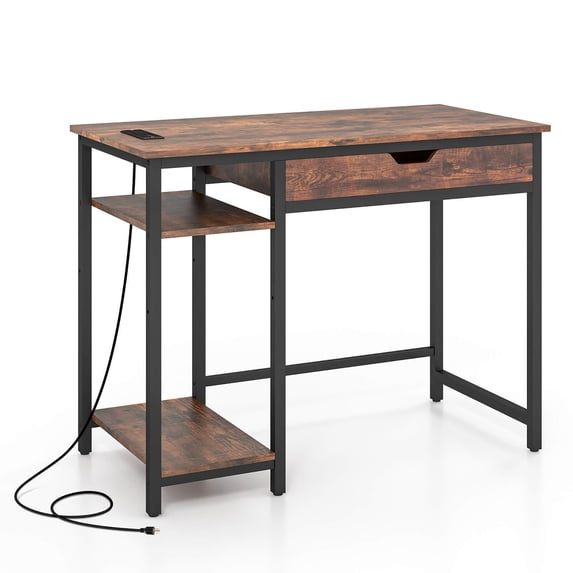 Gymax 40'' Computer Desk w/ Charging Station Drawer & Adjustable Shelf Headphone Hooks