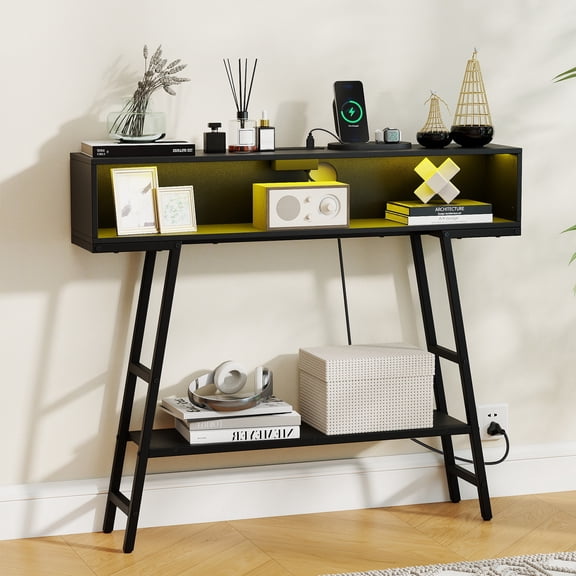 Gymax 40'' Console Table w/ Power Strip 3-Tier Entryway Table w/ RGB LED Lights Black