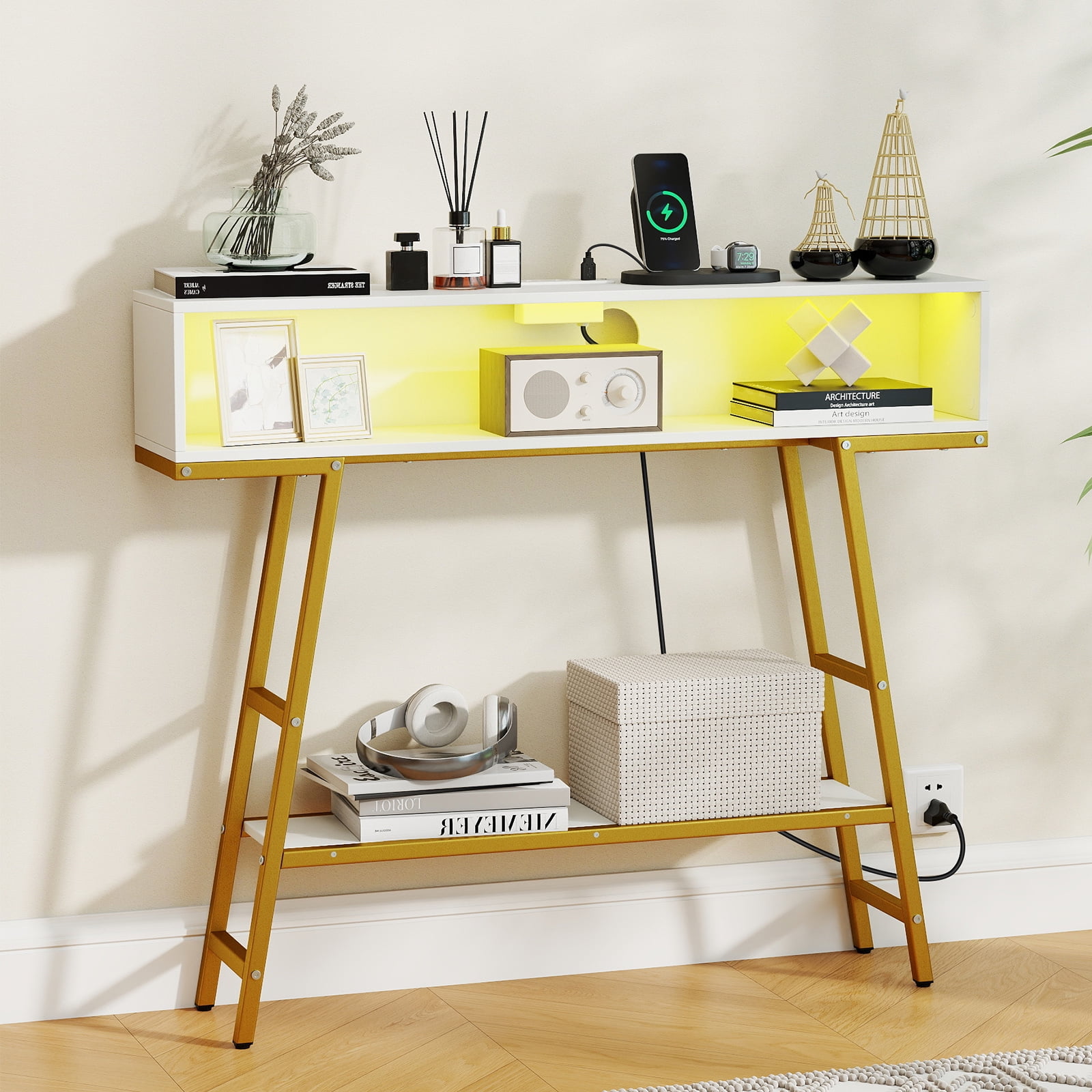 Gymax 40'' Console Table w/ Power Strip 3-Tier Entryway Table w/ RGB LED Lights White