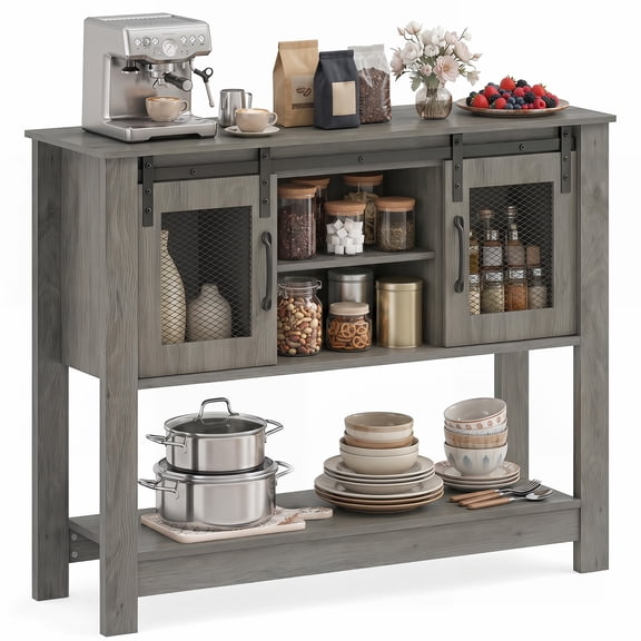 Gymax 40'' Console Table w/ Sliding Barn Doors Storage Cabinets & Adjustable Shelf Gray Oak