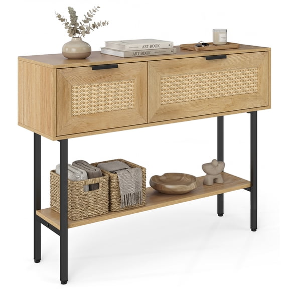 Gymax 40'' Freestanding Entryway Table w/Flip Doors & Open Storage Shelf Metal Frame Natural