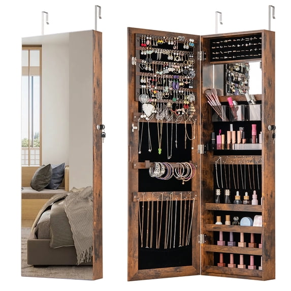 Gymax 43.5'' Jewelry Mirror Cabinet w/ Full-length Mirror & Interior Makeup Mirror Rustic Brown