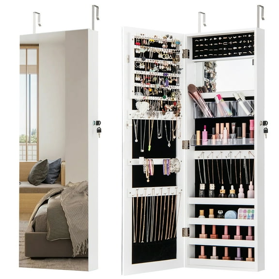 Gymax 43.5'' Jewelry Mirror Cabinet w/ Full-length Mirror & Interior Makeup Mirror White