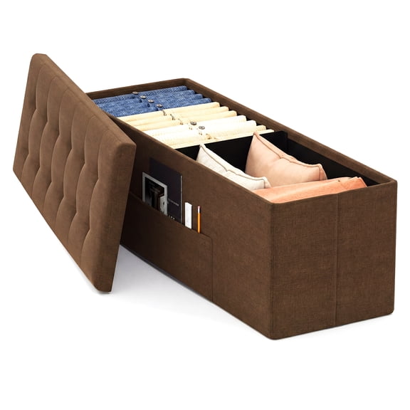 Gymax 43'' Folding Storage Ottoman Bench Linen End of Bed Bench w/Padded Seat Pocket Brown