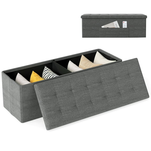 Gymax 43'' Folding Storage Ottoman Bench w/ Removable Divider & Side Pocket Bedroom Dark Grey