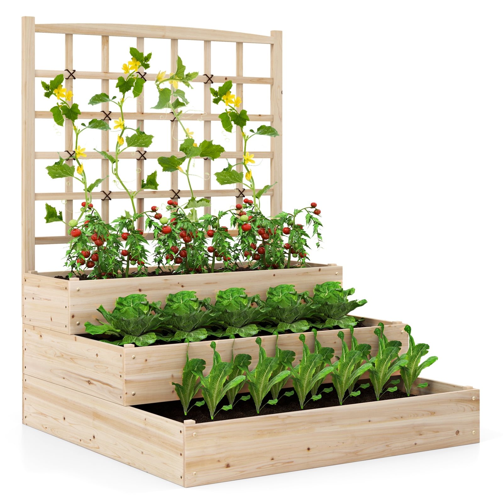 Gymax 44'' x 45'' x 56'' 3-Tier Raised Garden Bed w/ Lattice Trellis Open-Ended Base