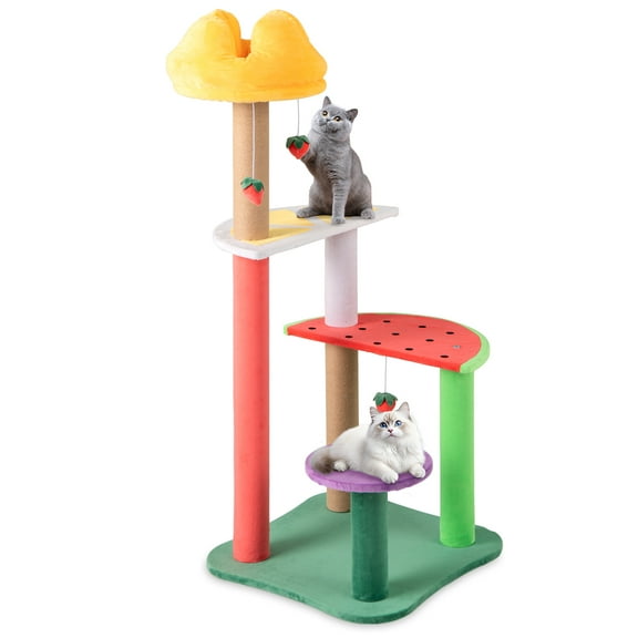 Gymax 45'' Tall Cat Tree w/ Plush Padded Top Perch Fruit-Shaped Platforms Dangling Balls