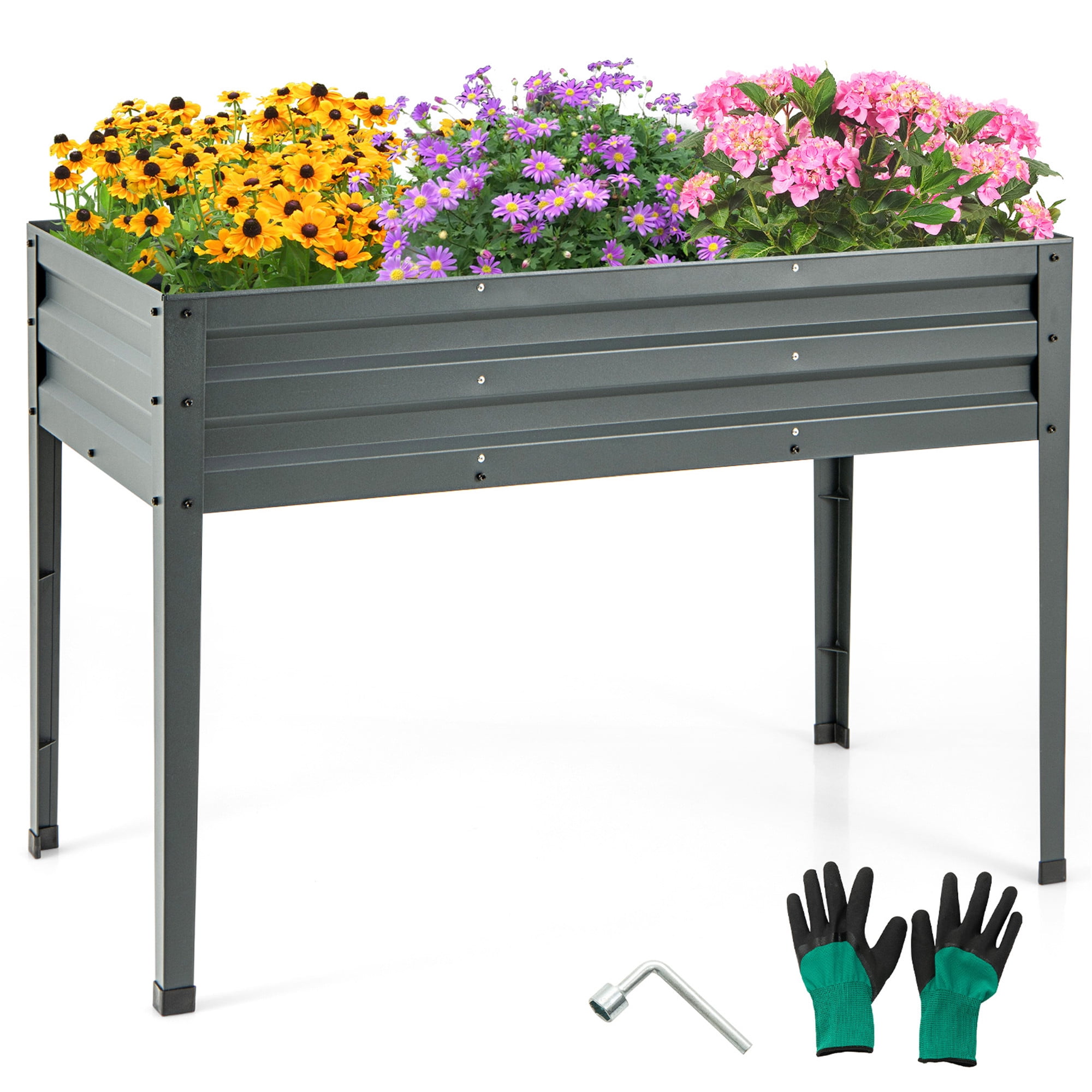 Gymax 46'' x 24'' x 32'' Galvanized Raised Garden Bed w/ Legs Drainage Holes for Flowers Grey