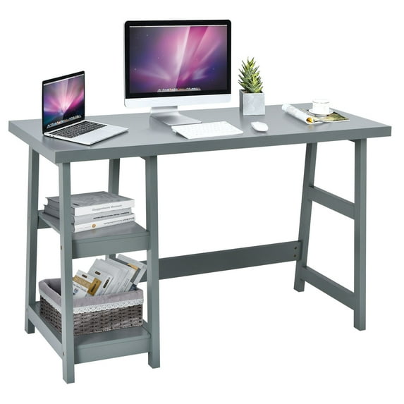 Gymax 47.5'' Computer Desk Trestle Desk Workstation Study Desk w/ Storage Shelf Grey