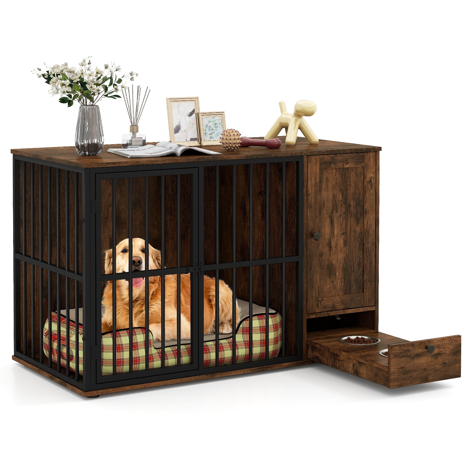 Gymax 47 5''Dog Crate End Table w/ Hidden Bowls & Storage Chew ...