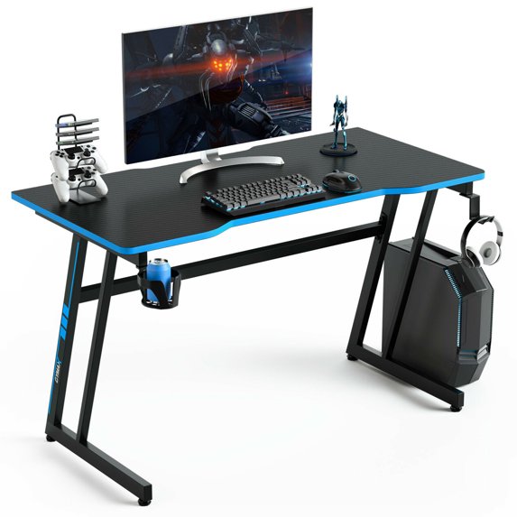 Gymax 47.5'' Gaming Desk Z-Shaped Computer Office Table w/Gaming Handle Rack Blue
