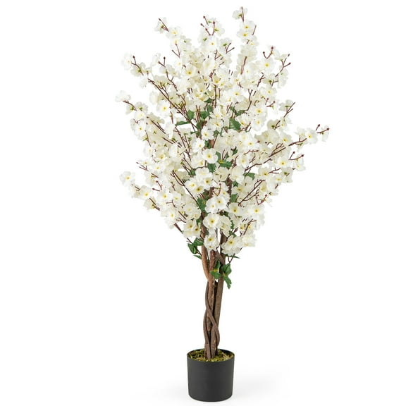 Gymax 47'' Artificial Winter Sweet Tree Faux Plum Blossom Plant w/ White Fabric Flower