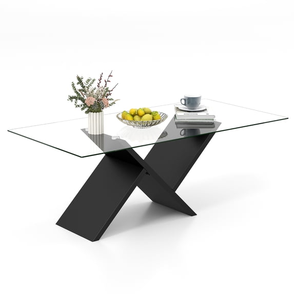 Gymax 47'' Rectangle Glass Coffee Table w/ Tempered Glass Tabletop & Geometric