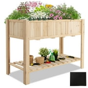 Gymax 47'' Wooden Raised Garden Bed w/Bottom Shelf & Bed Liner Outdoor Elevated Planter Box