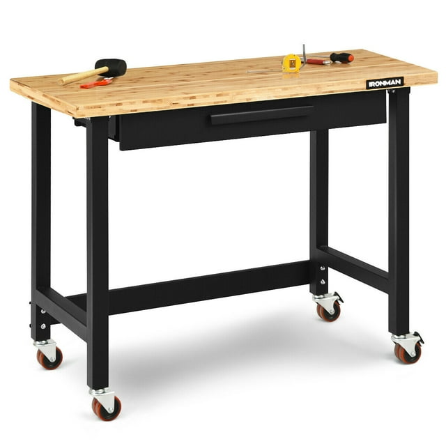 Gymax 48 Inch Portable Large Heavy Duty Bamboo Top Mobile Workbench ...