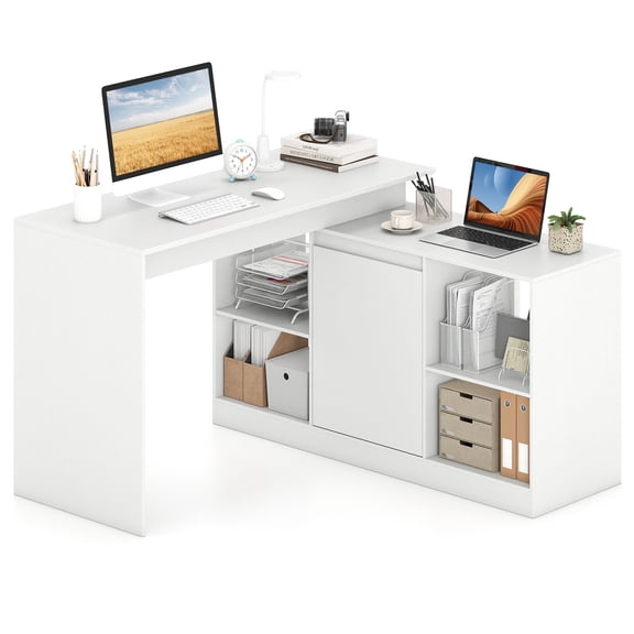Gymax 48'' Reversible L-shaped Computer Desk w/2 Doors 4 Open Storage Cubes for Office White