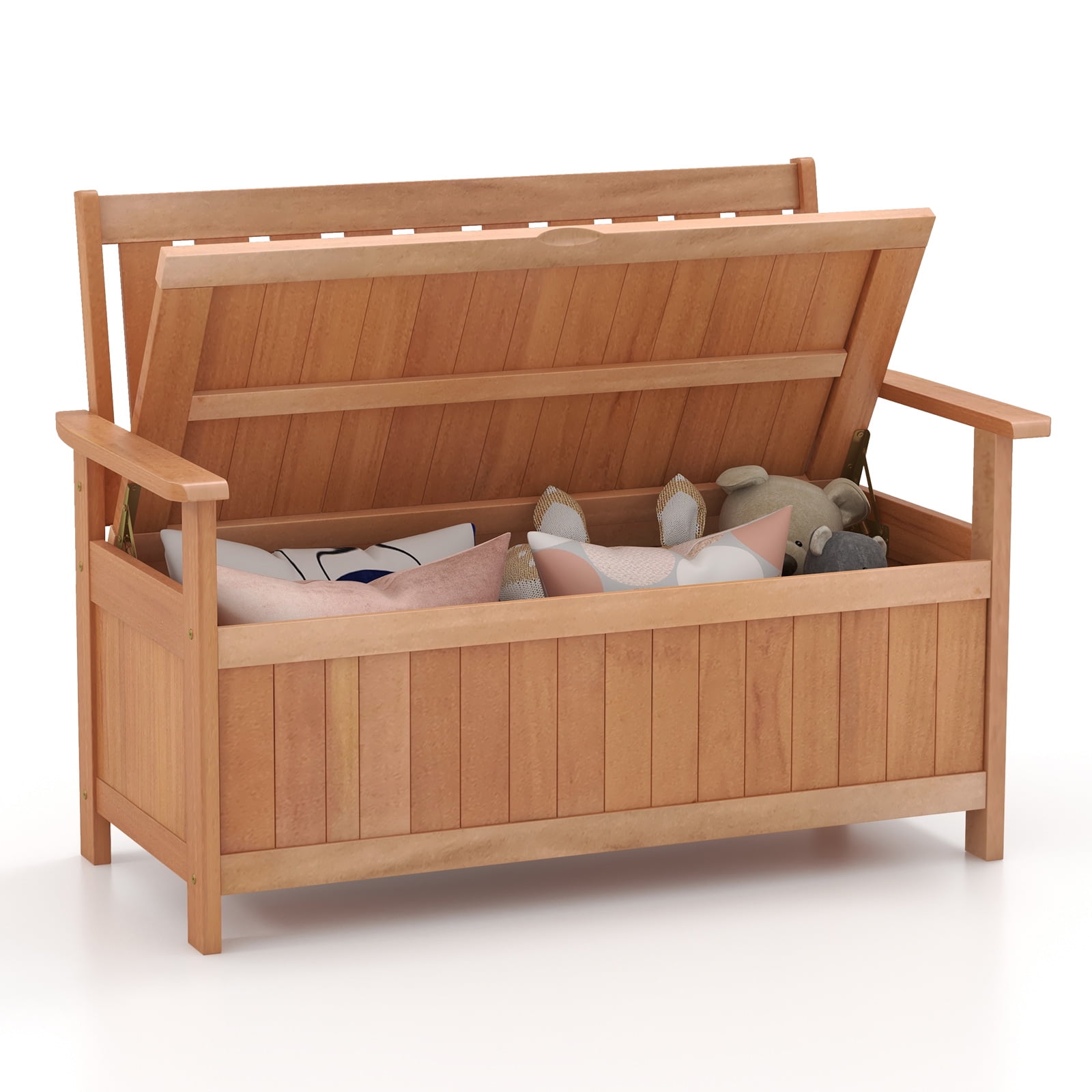 Gymax 48'' Storage Bench Wood Loveseat w/ Slatted Backrest for Backyard ...