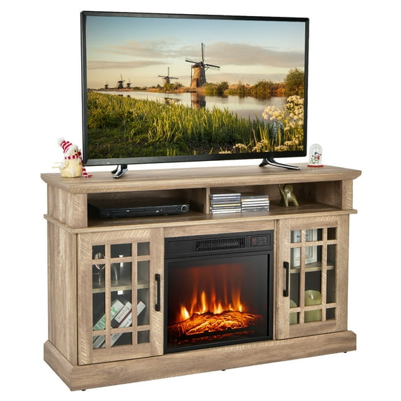 Gymax 48'' TV Stand Console Cabinet w/ Fireplace Entertainment Center For Living Room Natural