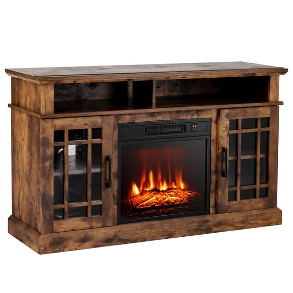 Gymax 48in Brown TV Stand Console Cabinet with Fireplace Entertainment Center for Living Room