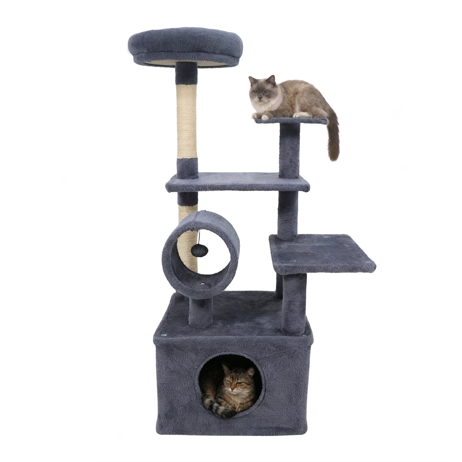 Gymax 48'' Tall Cat Tree w/ Large Condo Padded Top Perch Jute Scratching Post Tunnel Dark Grey