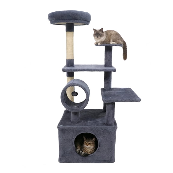 Gymax 48'' Tall Cat Tree w/ Large Condo Padded Top Perch Jute Scratching Post Tunnel Dark Grey