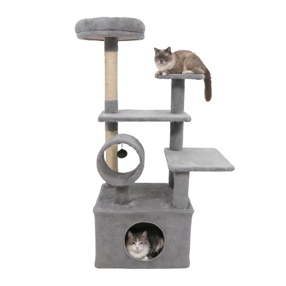 Gymax 48'' Tall Cat Tree w/ Large Condo Padded Top Perch Jute Scratching Post Tunnel Light Grey