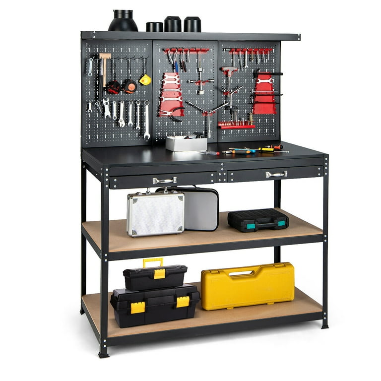 Gymax 48'' Heavy-Duty Workbench with Peg Board Hook Kit & Drawers
