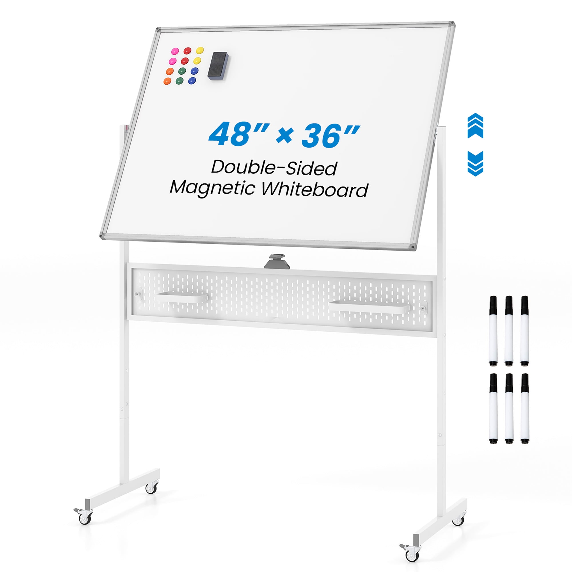 Adjustable White Double-Sided Magnetic Freestanding Rolling Whiteboard