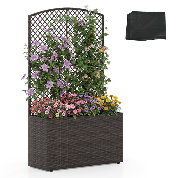 Gymax 49'' Raised Garden Bed w/ Trellis Wicker Planter Box w/ Privacy Screen Brown