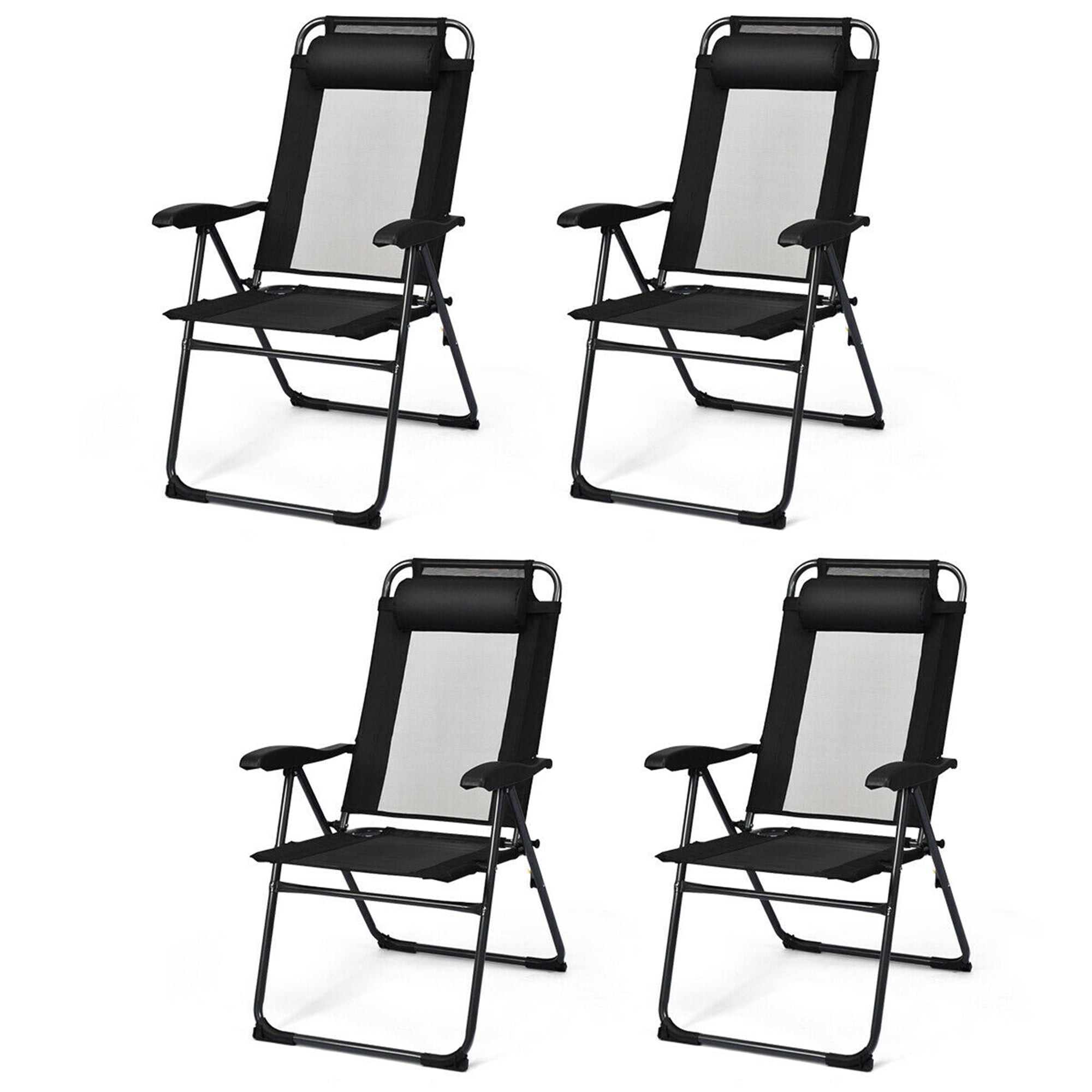Black Adjustable Reclining Folding Patio Chairs with Headrests, Set of 4