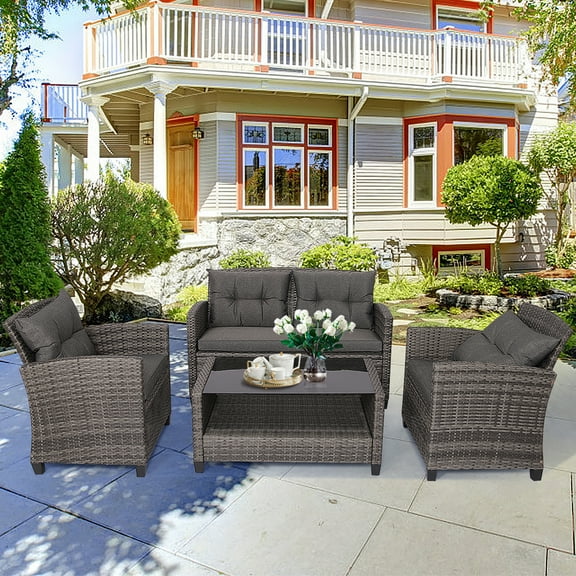Gymax 4PC Rattan Patio Conversation Set Cushioned Outdoor Furniture Set